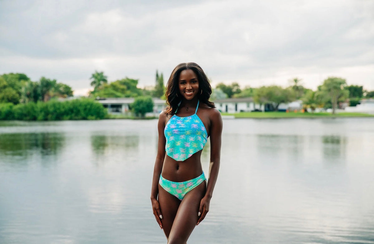 Electric Palms by Heat Swimwear - handkerchief top and seamless classic bottom front view