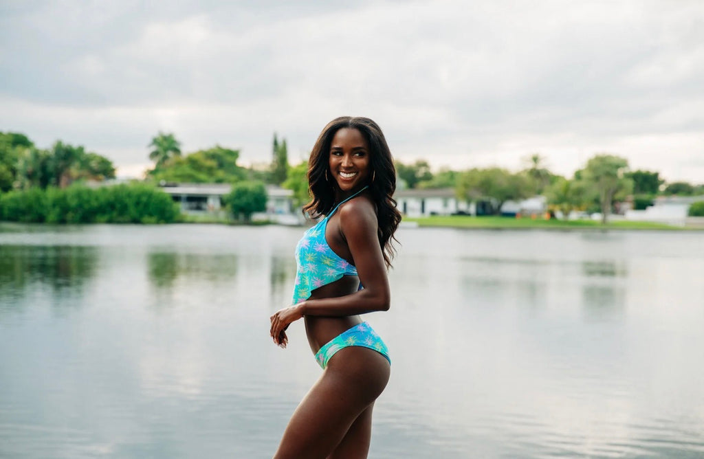 Electric Palms by Heat Swimwear - handkerchief top and seamless classic bottom side view