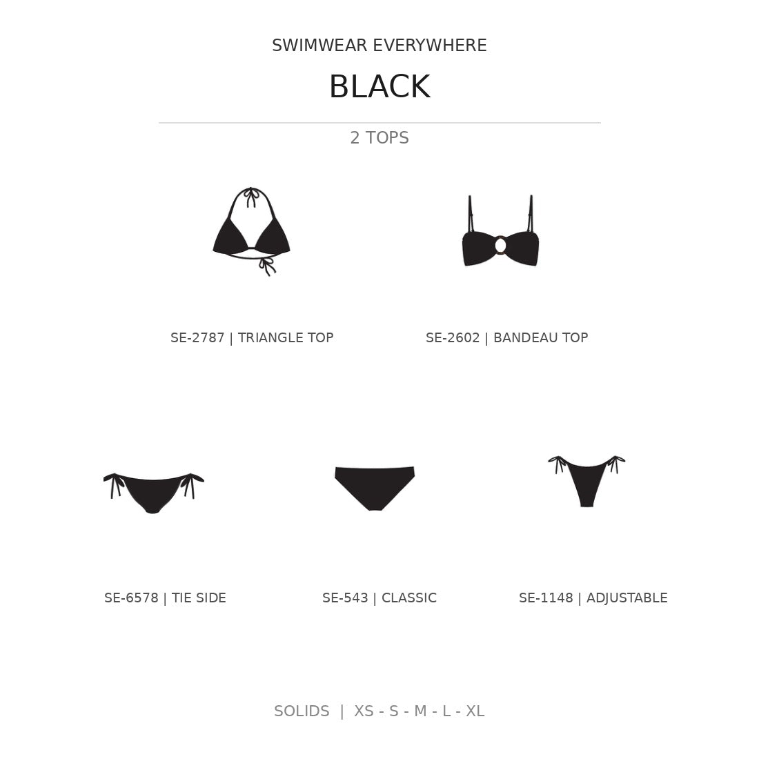 Swimwear Everywhere 2026 Black solid-color bikini tops and bottoms from the catalog