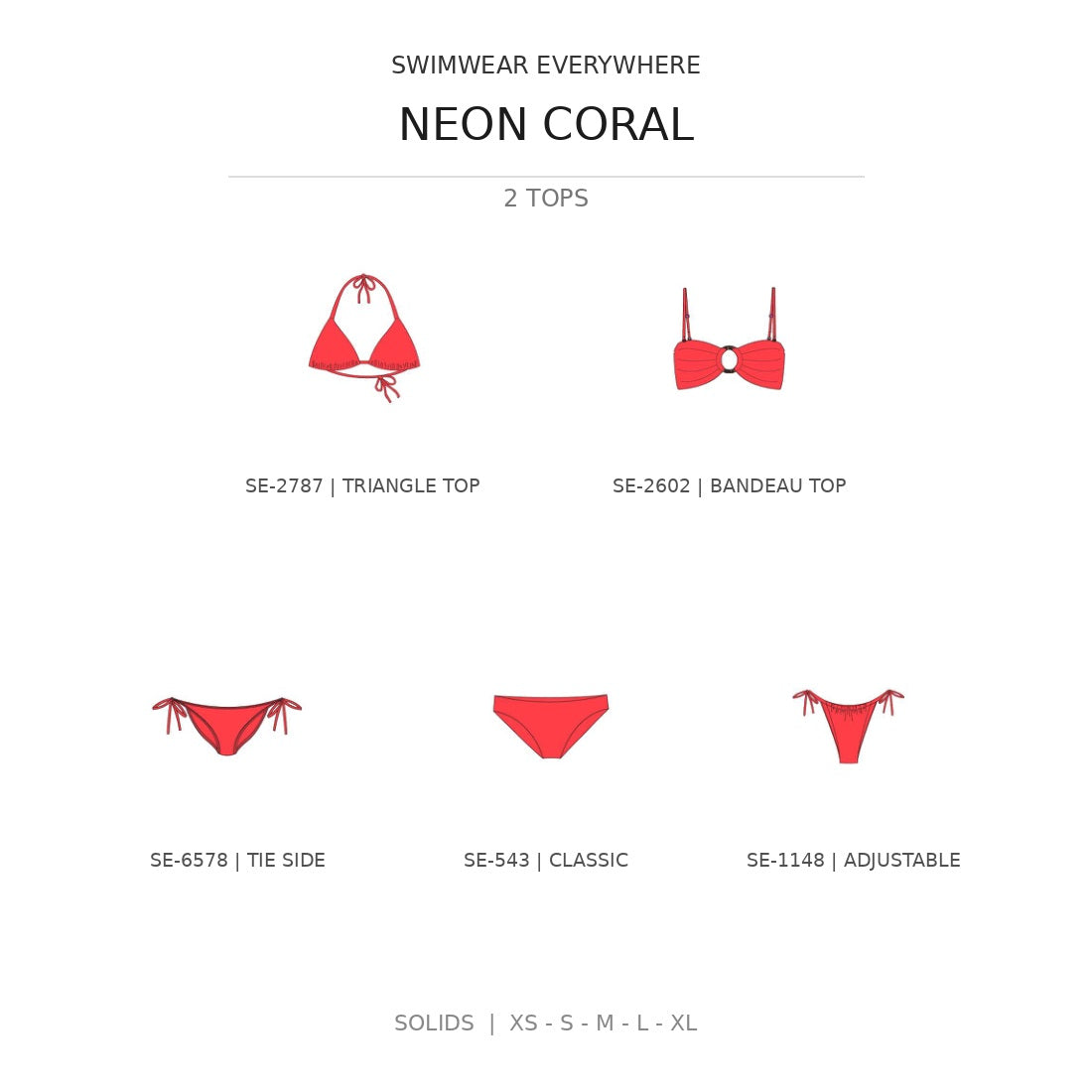 Swimwear Everywhere 2026 Neon Coral solid-color bikini tops and bottoms from the catalog
