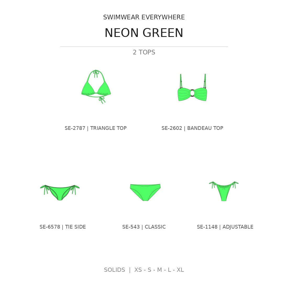 Swimwear Everywhere 2026 Neon Green solid-color bikini tops and bottoms from the catalog