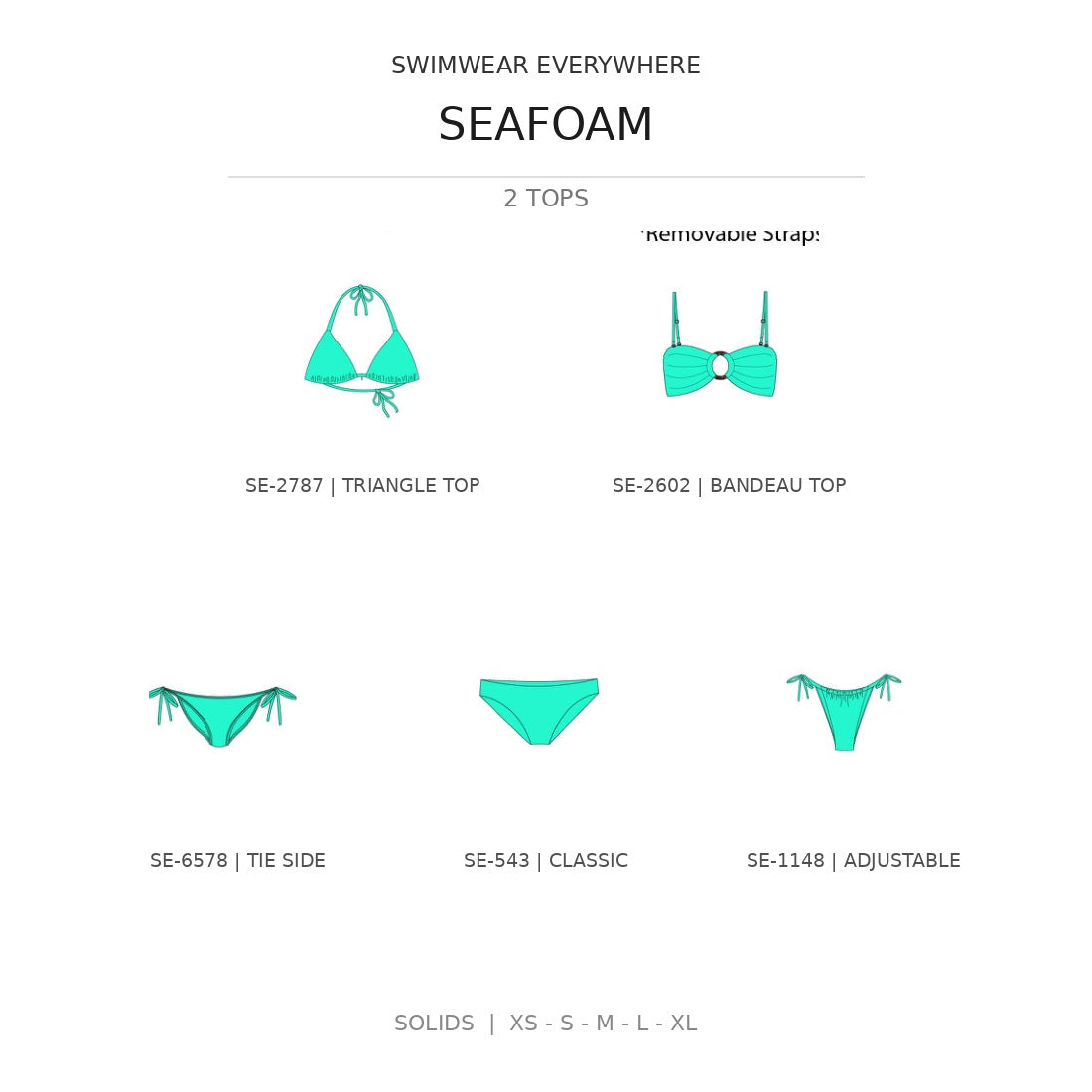 Swimwear Everywhere 2026 Seafoam solid-color bikini tops and bottoms from the catalog